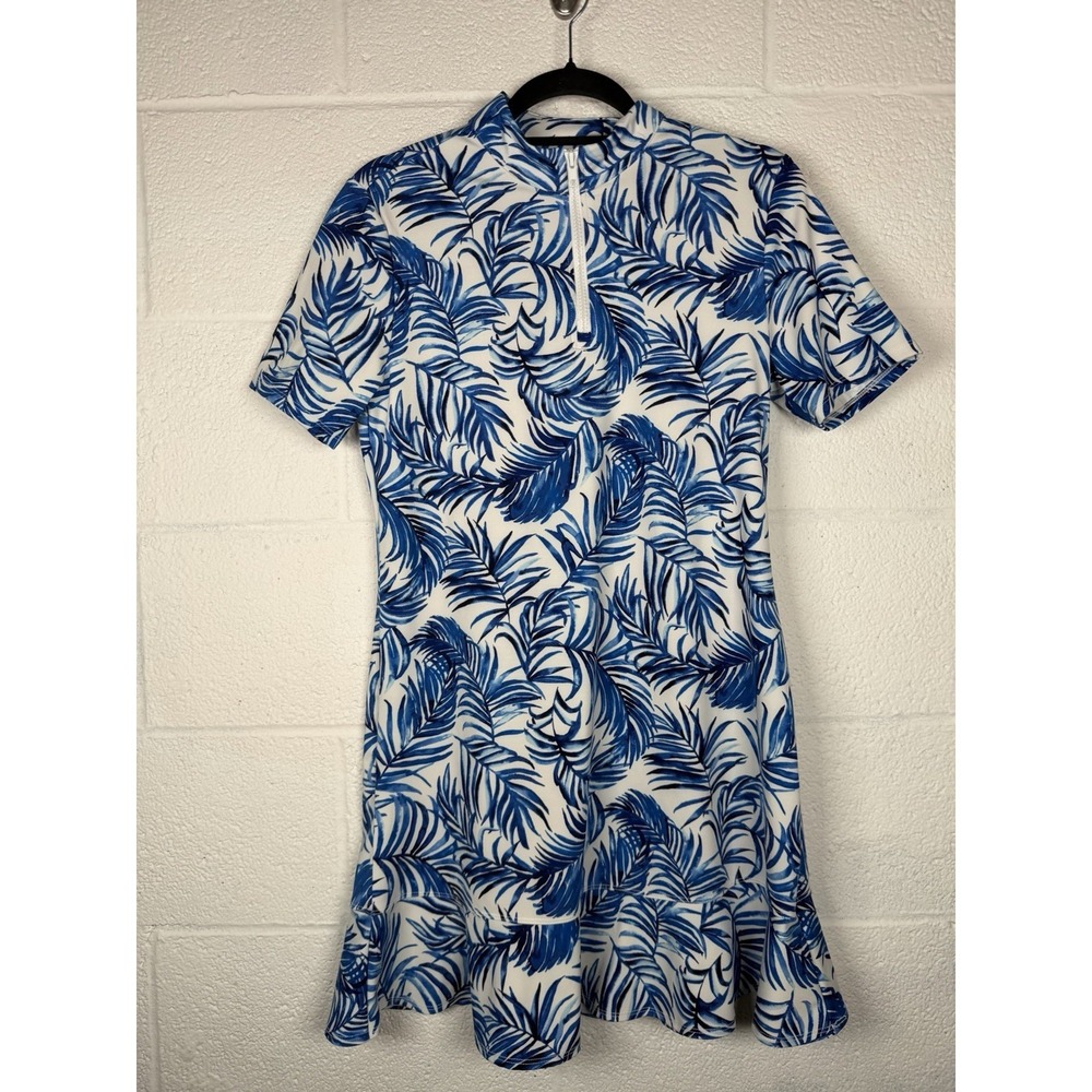 Tommy Bahama Golf Dress Medium Blue White Palm Print Performance Zip Neck